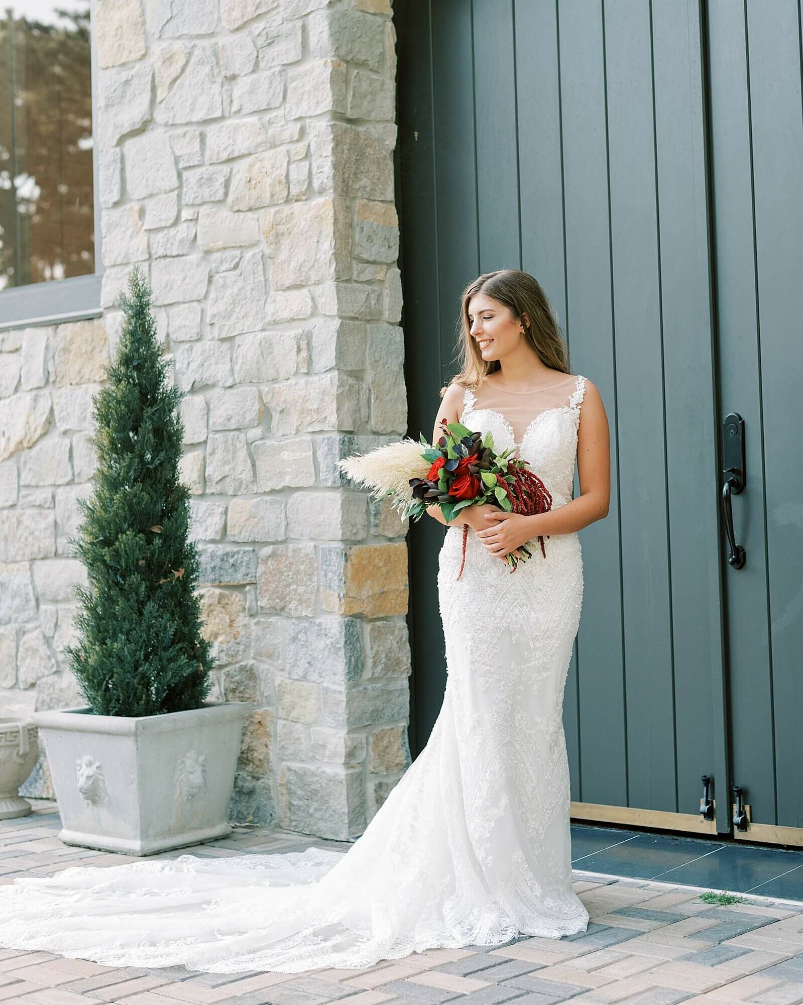 Bride stands in front of wedding chapel at one of the small wedding venues in Houston The Annex